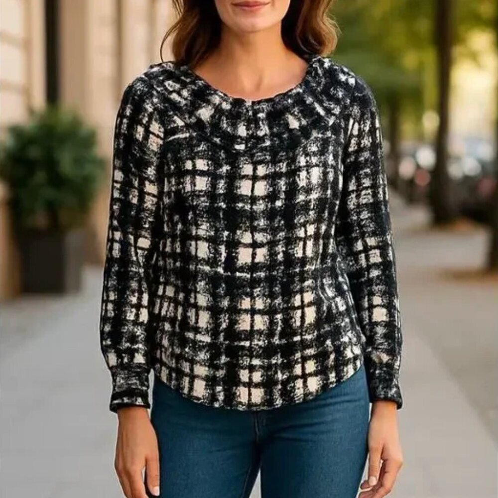 J. Crew Collection Silk Twill Ruffle-Collar Top in Brown Black Ivory Plaid, S - Picture 2 of 11